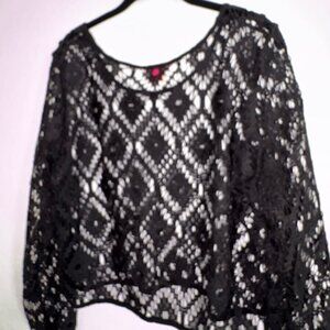 SUNNY LEIGH BLACK LONG SLEEVE CROCHET OPEN KNIT TOP, SIZE XL